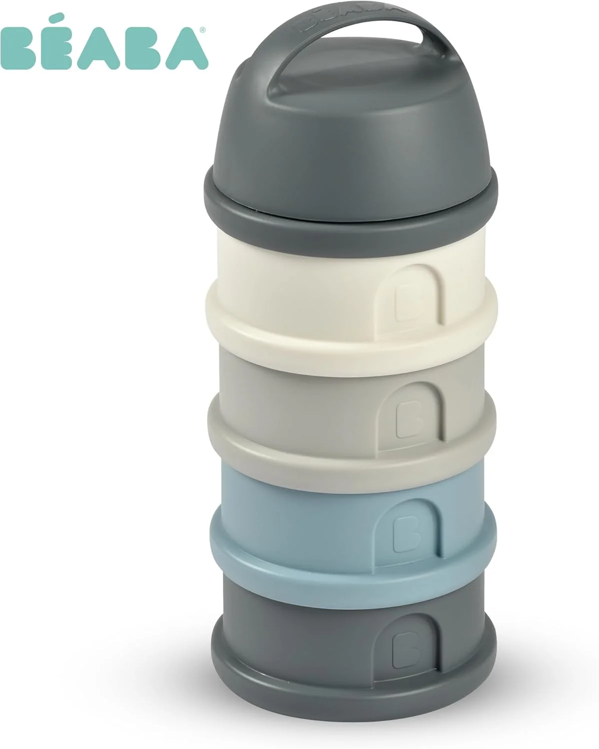 ظرف شیر خشک پودری 4 قسمتی Beaba، 100% هرمتیک، ساخت فرانسه، ظرفیت بزرگ، استفاده تکاملی، خاکستری معدنی/آبی