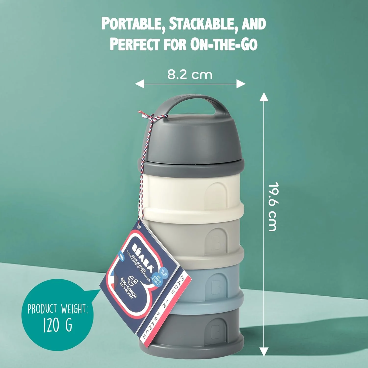 ظرف شیر خشک پودری 4 قسمتی Beaba، 100% هرمتیک، ساخت فرانسه، ظرفیت بزرگ، استفاده تکاملی، خاکستری معدنی/آبی