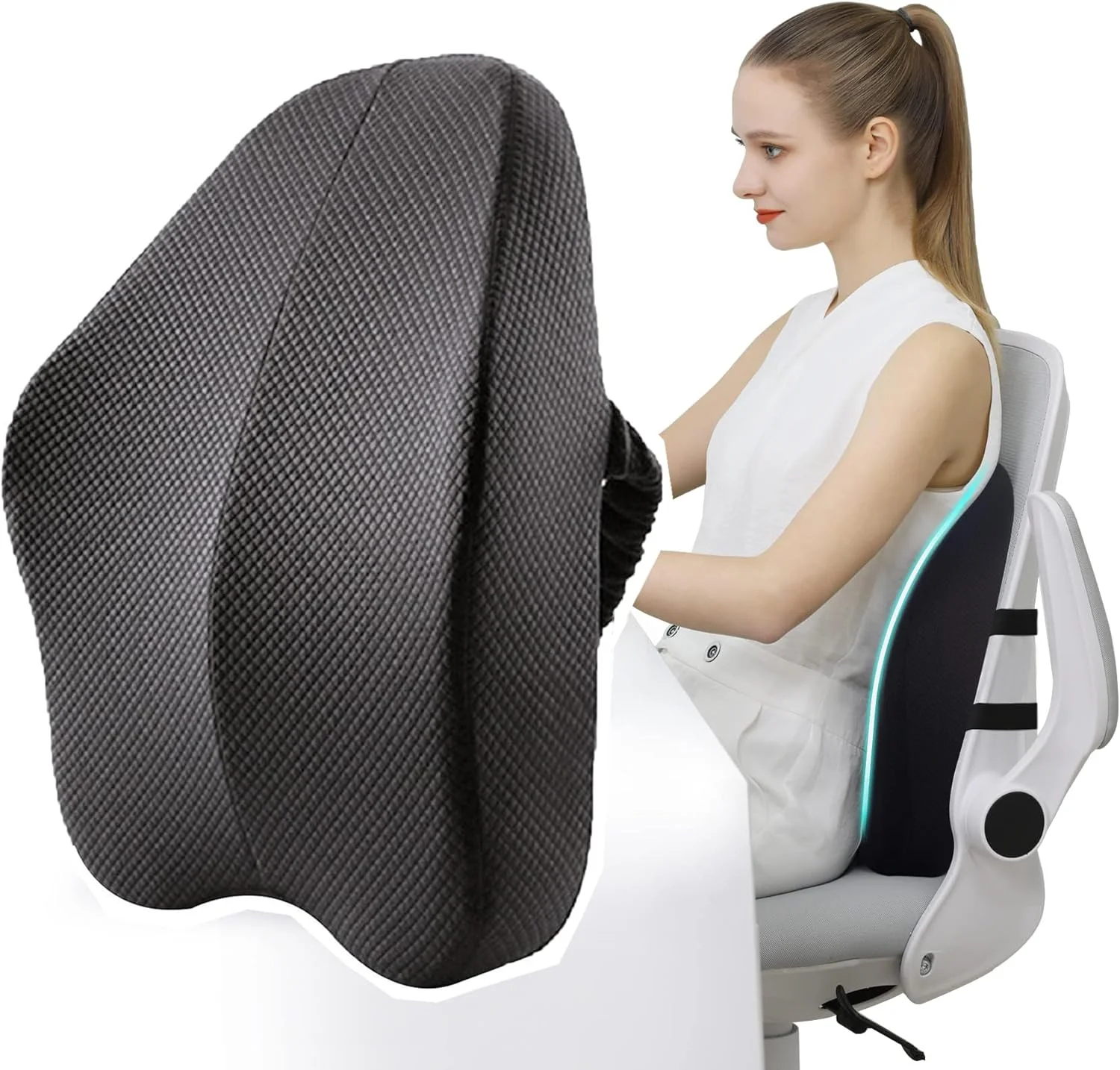 بالش پشتی صندلی اداری KASTWAVE، بالش پشتی مموری فوم با بندهای اضافی، بالش استراحت کمر ارگونومیک خنک کننده برای ماشین، مبل، صندلی تکیه گاه دار، صندلی گیمینگ، مشکی