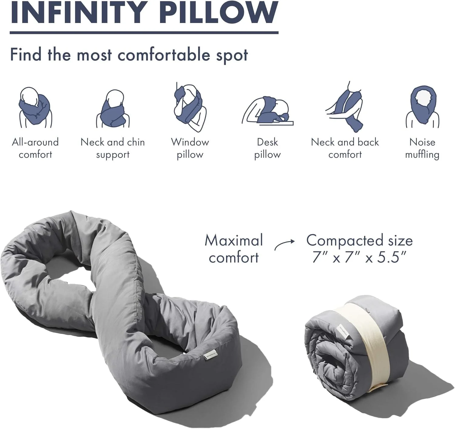 بالش گردنی نرم KASTWAVE nfinity Pillow - مناسب خواب و استراحت در خانه، مسافرت، هواپیما و قطار (خاکستری)