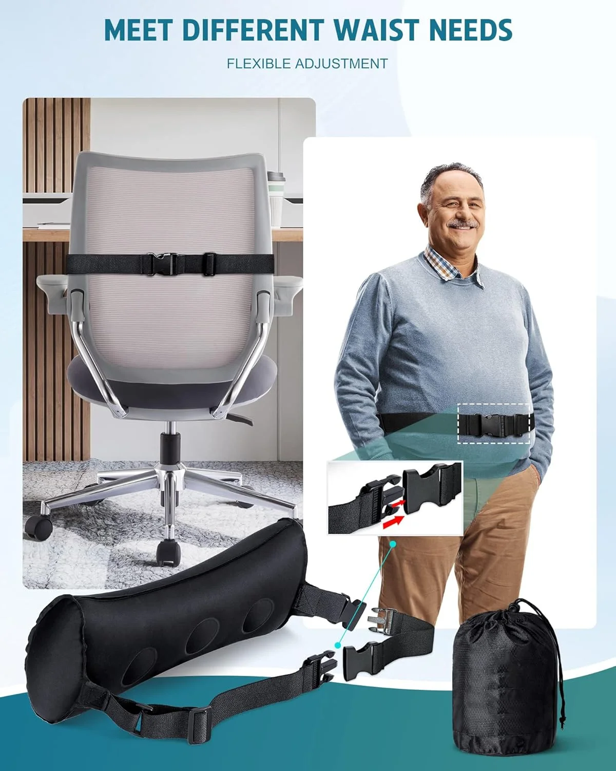 بالش کمری بادی KASTWAVE برای مسافرت هوایی، بالش پشتیبانی کمری برای خودرو، پشتیبانی از صندلی اداری برای کاهش درد کمر (مشکی)