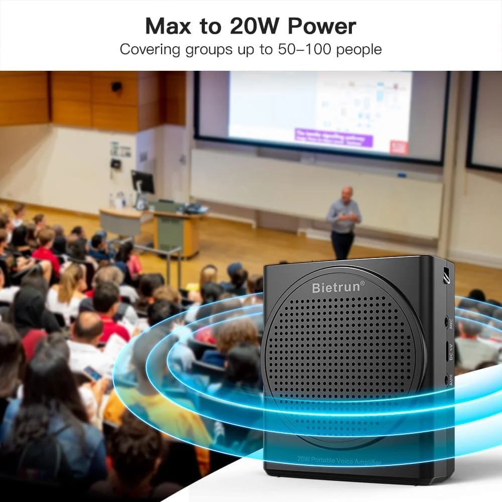 تقویت کننده صدای بلوتوث برای معلمان، تقویت کننده صدای مینی قابل حمل و شارژی با هدست میکروفون سیمی، سیستم PA بلندگو مگافون برای معلمان، آواز خواندن، آموزش، ارائه، راهنمای تور