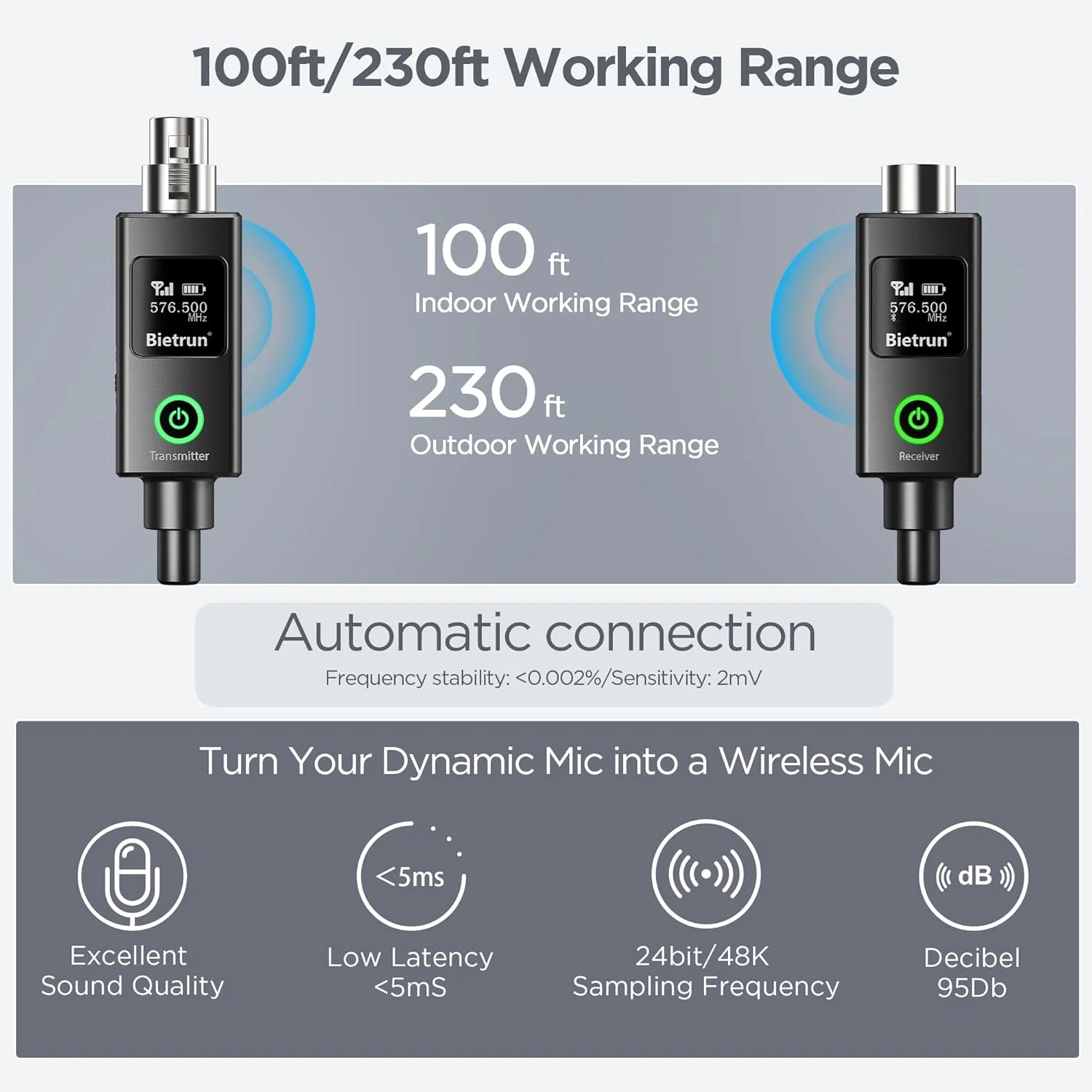 فرستنده و گیرنده بی سیم XLR بیترون با فانتوم پاور 48 ولت، آداپتور XLR میکروفون بی سیم با 30 کانال، برد UHF 230 فوت، برای میکروفون دینامیک و کندانسور، میکسر، کارت صدا