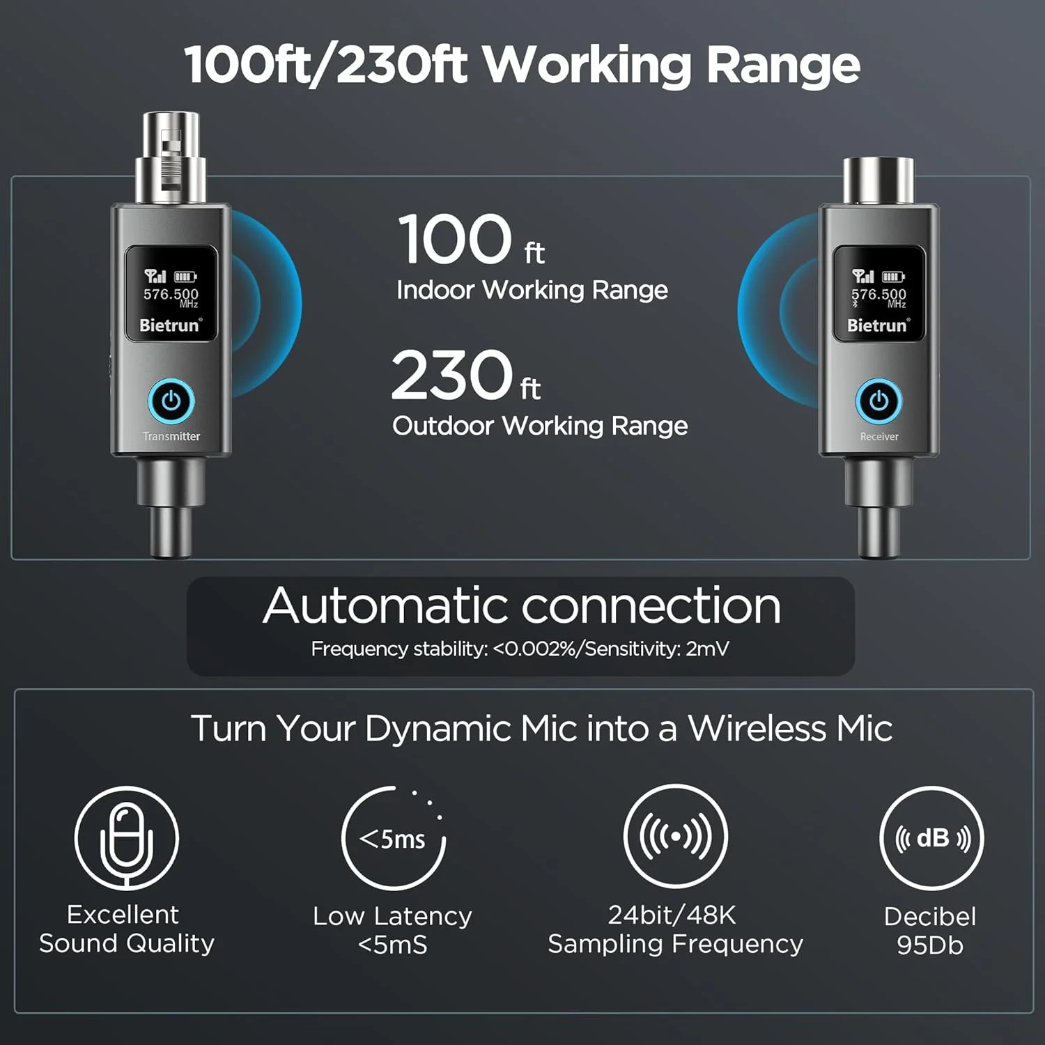 فرستنده و گیرنده بی سیم XLR بیترون، آداپتور میکروفون سیمی XLR به بی سیم، برد UHF 230 فوت، 30 کانال، گیرنده با بلوتوث، آداپتور 1/4 اینچی، برای میکروفون های دینامیک/کندانسر، رابط صوتی