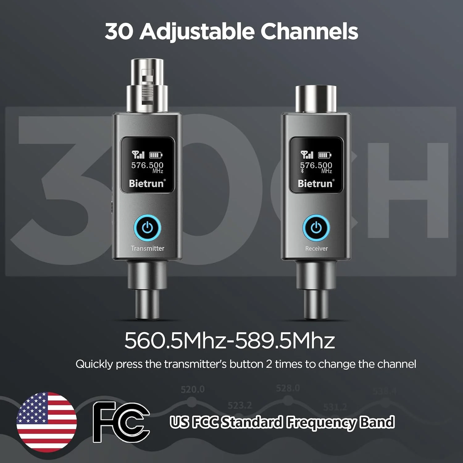 فرستنده و گیرنده بی سیم XLR بیترون، آداپتور میکروفون سیمی XLR به بی سیم، برد UHF 230 فوت، 30 کانال، گیرنده با بلوتوث، آداپتور 1/4 اینچی، برای میکروفون های دینامیک/کندانسر، رابط صوتی