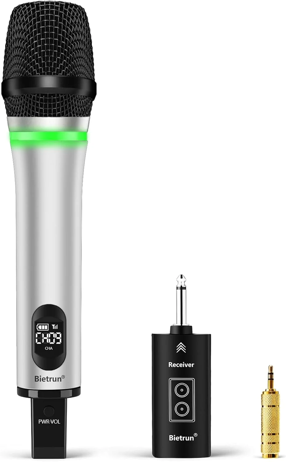 میکروفون بی سیم قابل شارژ Bietrun، برد 168 فوت، میکروفون بی سیم بلوتوثی (7 ساعت کارکرد) با خروجی 1/4 اینچ، میکروفون دستی فلزی UHF برای دستگاه کارائوکه/سیستم PA/بلندگو/کلیسا/عروسی