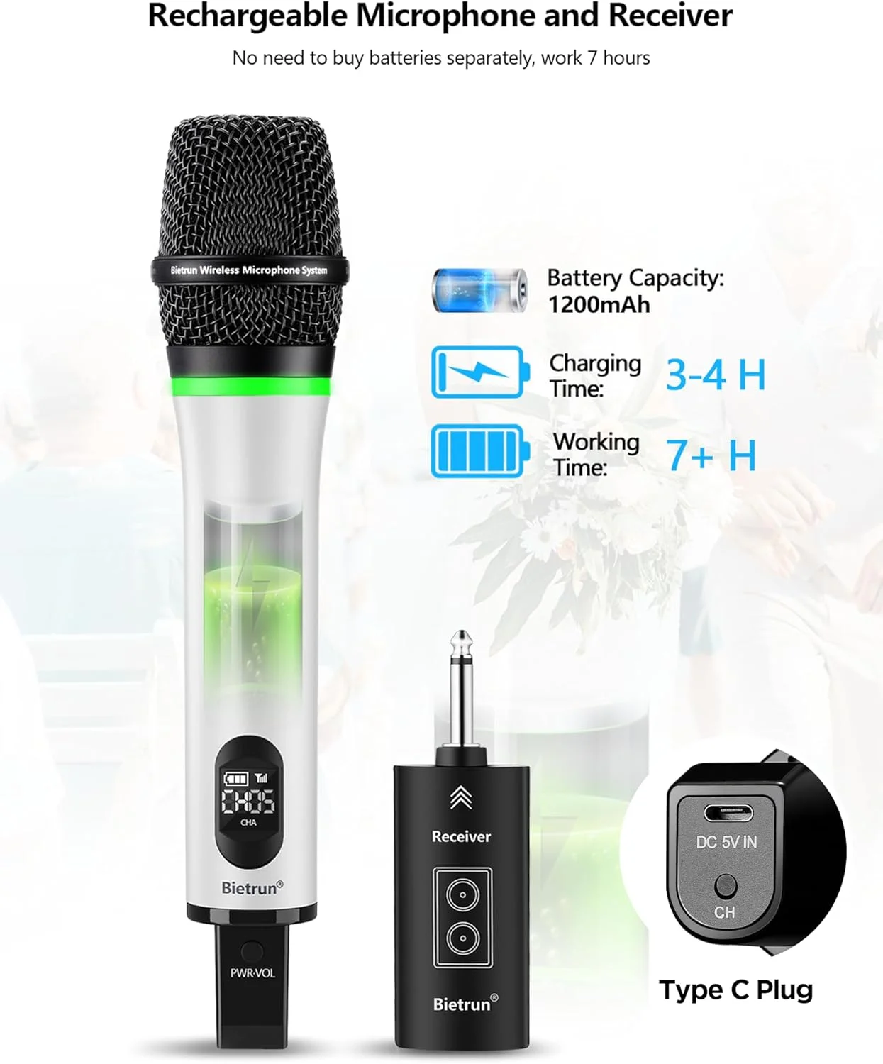میکروفون بی سیم قابل شارژ Bietrun، برد 168 فوت، میکروفون بی سیم بلوتوثی (7 ساعت کارکرد) با خروجی 1/4 اینچ، میکروفون دستی فلزی UHF برای دستگاه کارائوکه/سیستم PA/بلندگو/کلیسا/عروسی