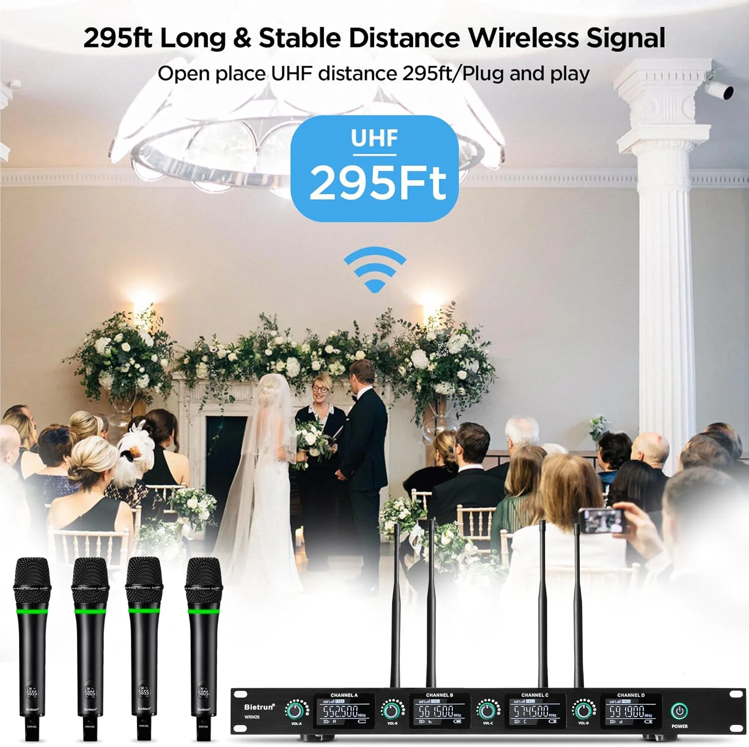 سیستم میکروفون بی سیم 4 کاناله Bietrun با 4 میکروفون دستی قابل شارژ، میکروفون های بی سیم دینامیکی فلزی UHF برای کارائوکه، آواز خواندن، کلیسا، تئاتر خانوادگی (اتصال خودکار/برد 295 فوت/فرکانس ثابت)