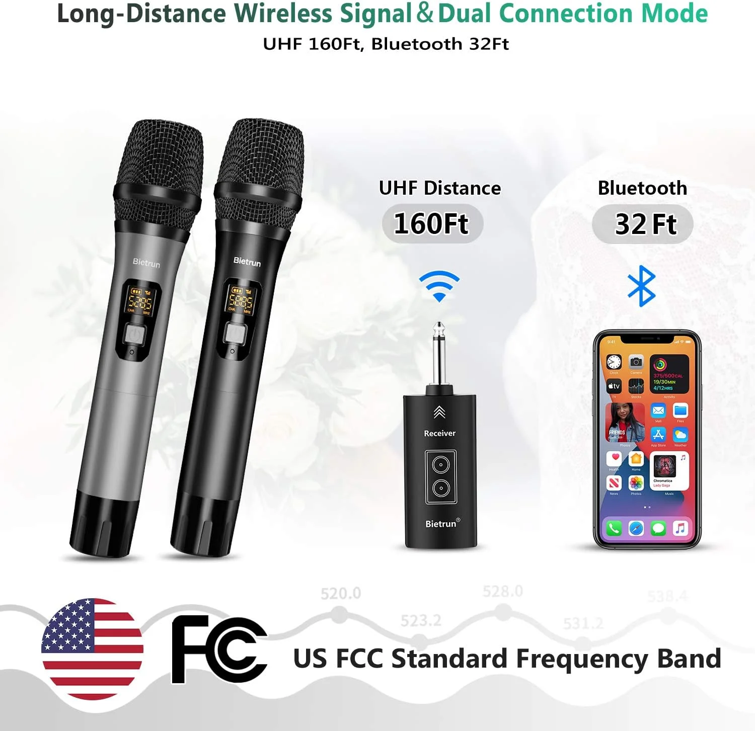 میکروفون بی سیم با بلوتوث، سیستم میکروفون دوگانه دستی فلزی UHF حرفه ای با گیرنده قابل شارژ، برد 160 فوت، خروجی 1/4 اینچی، برای دستگاه کارائوکه، آواز خواندن، آمپلی فایر، بلندگوی PA