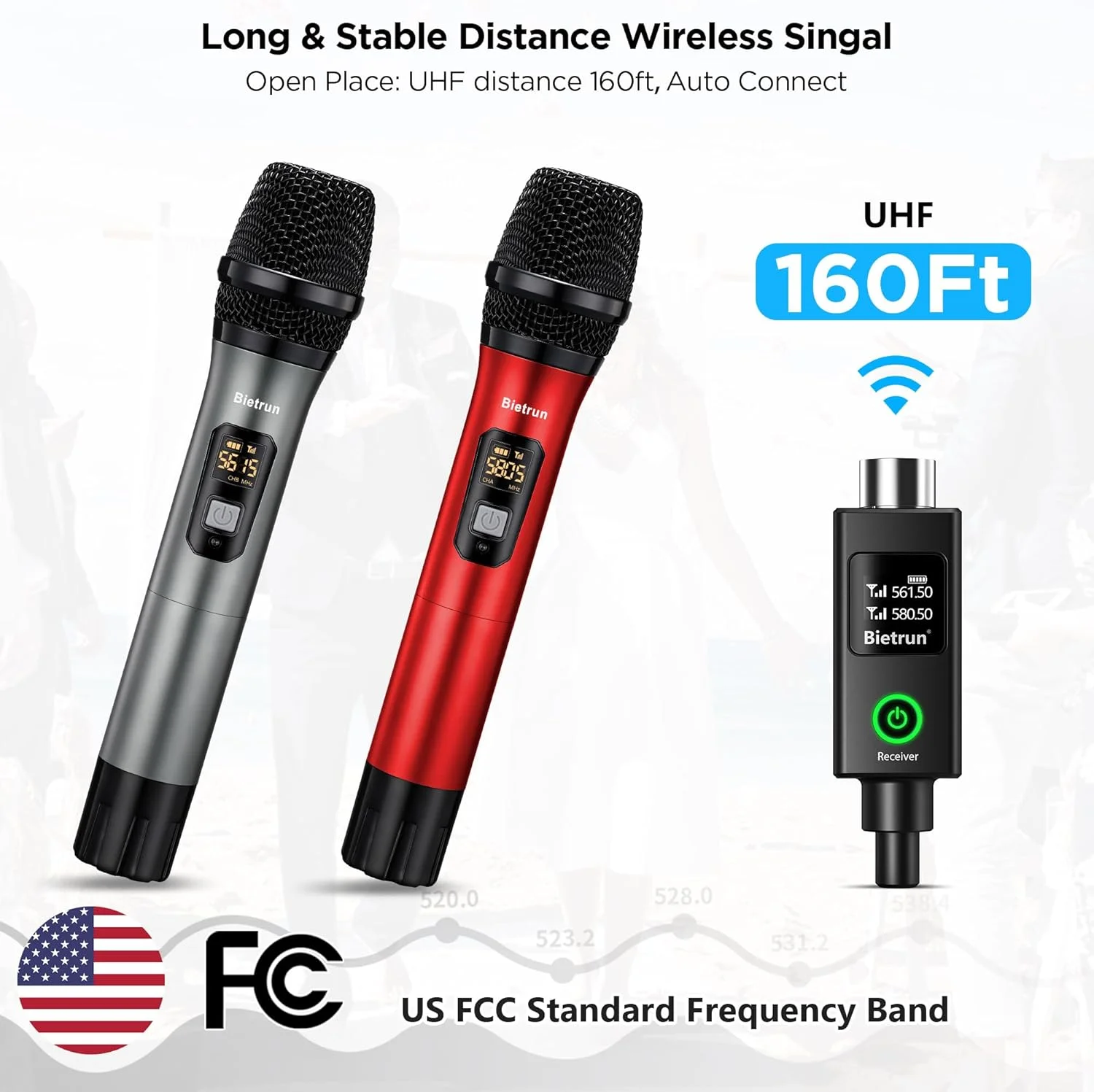 میکروفون بی سیم XLR بیترون، ست میکروفون دوگانه دستی فلزی دینامیک UHF با گیرنده قابل شارژ XLR، آداپتور XLR به 1/4 اینچ، برای کارائوکه، کلیسا، عروسی، آواز خواندن در مهمانی (برد 160 فوت) (اتصال خودکار)