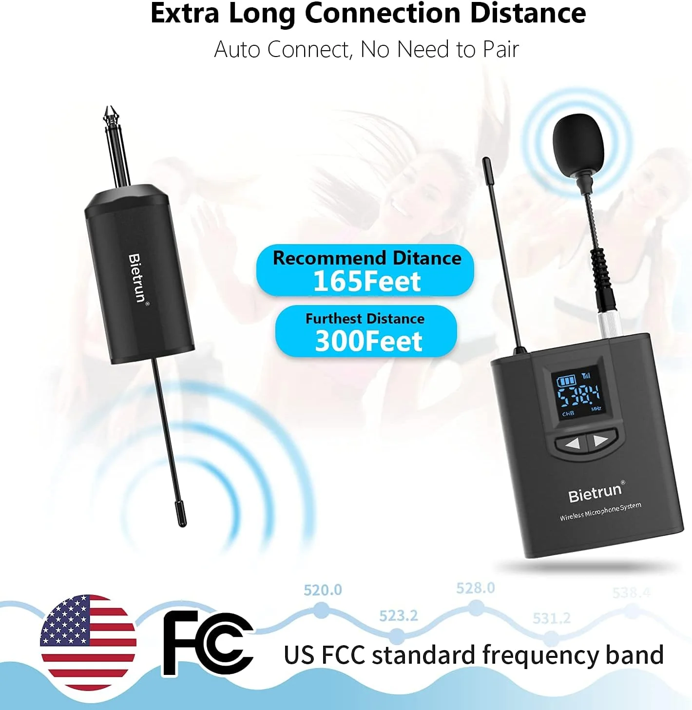 سیستم میکروفون یقه ای بی سیم یقه ای Bietrun UHF / هدفون / میکروفون با پایه، برد 165 فوت، فرستنده گیرنده قابل شارژ، خروجی 1/4 اینچی برای آیفون، اندروید، بلندگوی PA