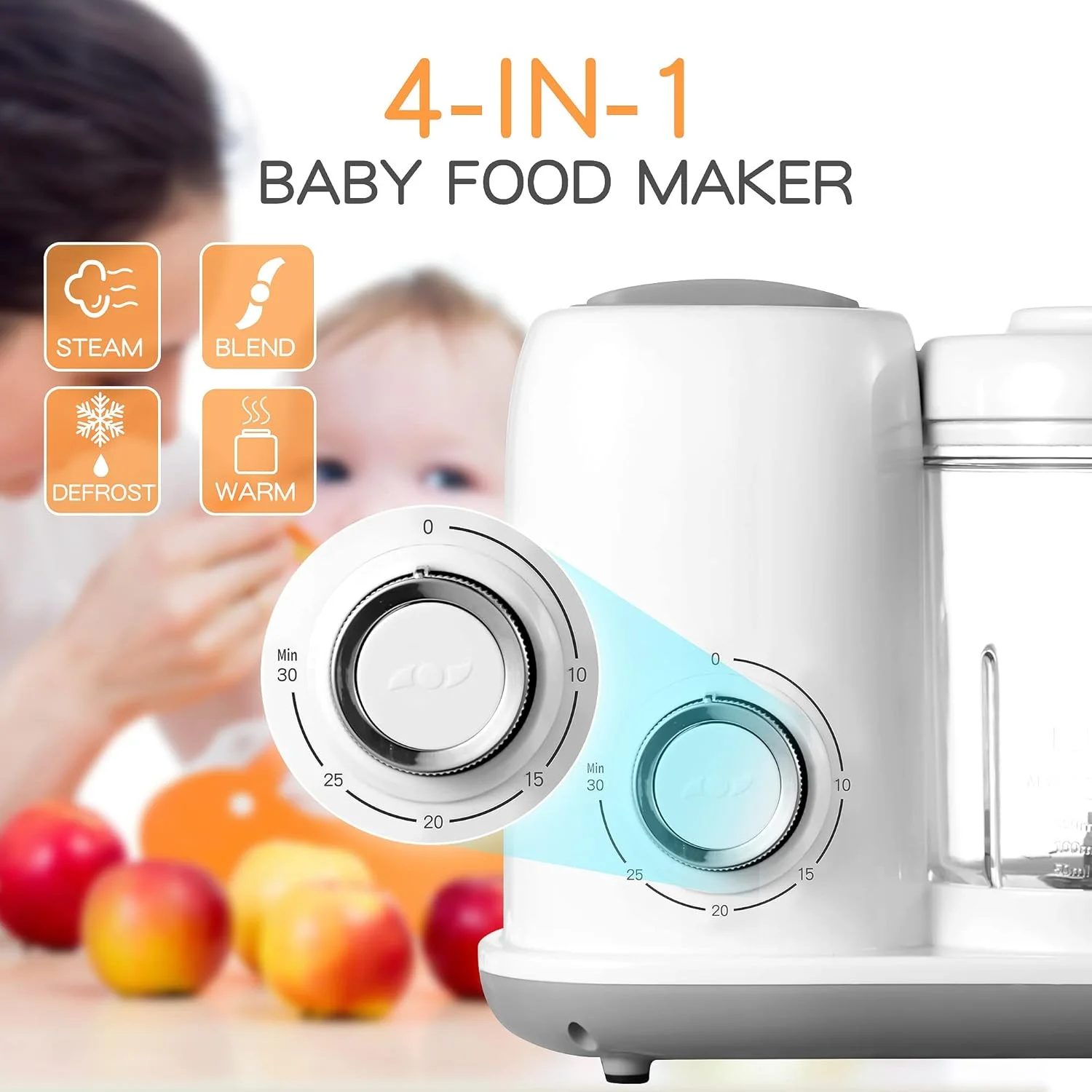 غذاساز کودک AMZBABYCHEF، پردازنده و بخارپز غذای کودک 4 در 1، مخلوط کن پوره، غذاساز پوره چند منظوره کودک، قابل شستشو در ماشین ظرفشویی، سفید
