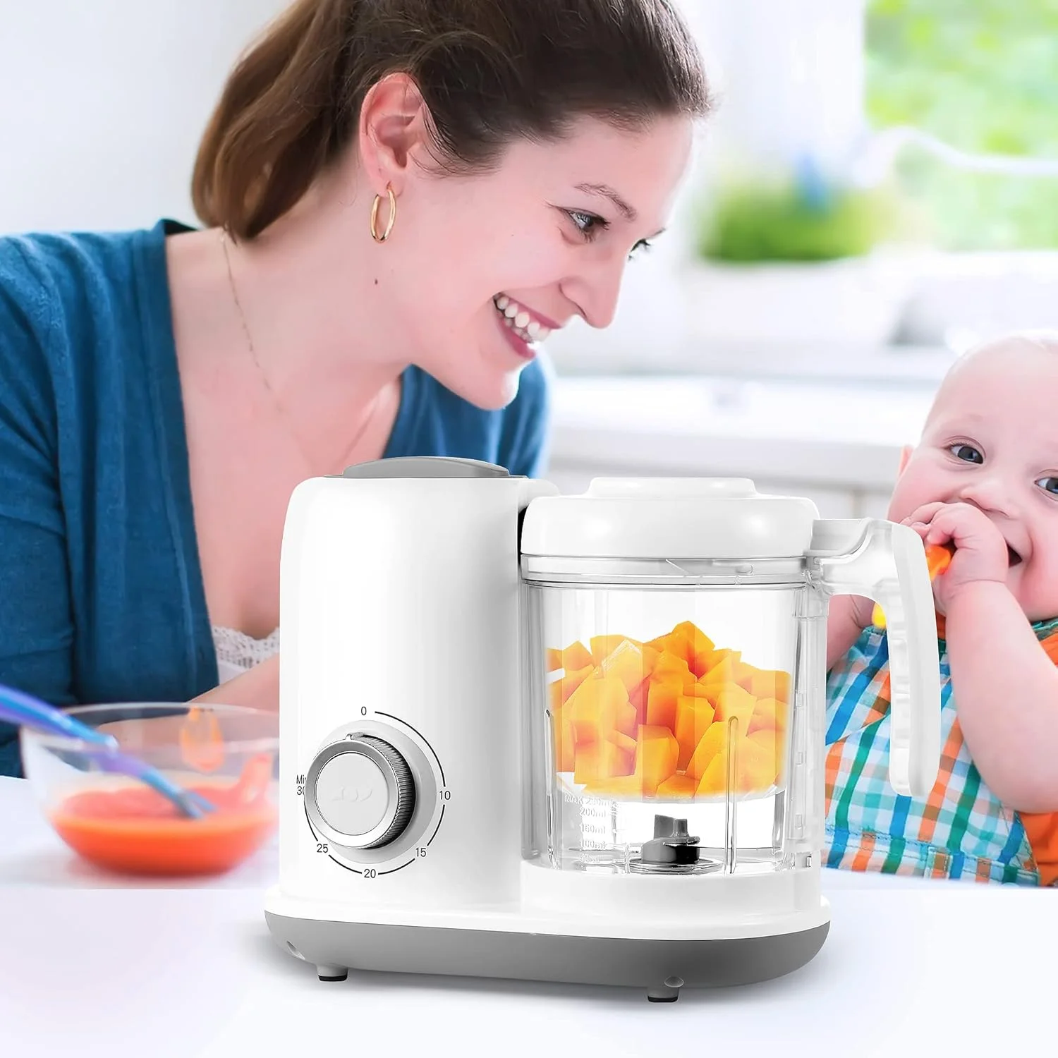 غذاساز کودک AMZBABYCHEF، پردازنده و بخارپز غذای کودک 4 در 1، مخلوط کن پوره، غذاساز پوره چند منظوره کودک، قابل شستشو در ماشین ظرفشویی، سفید