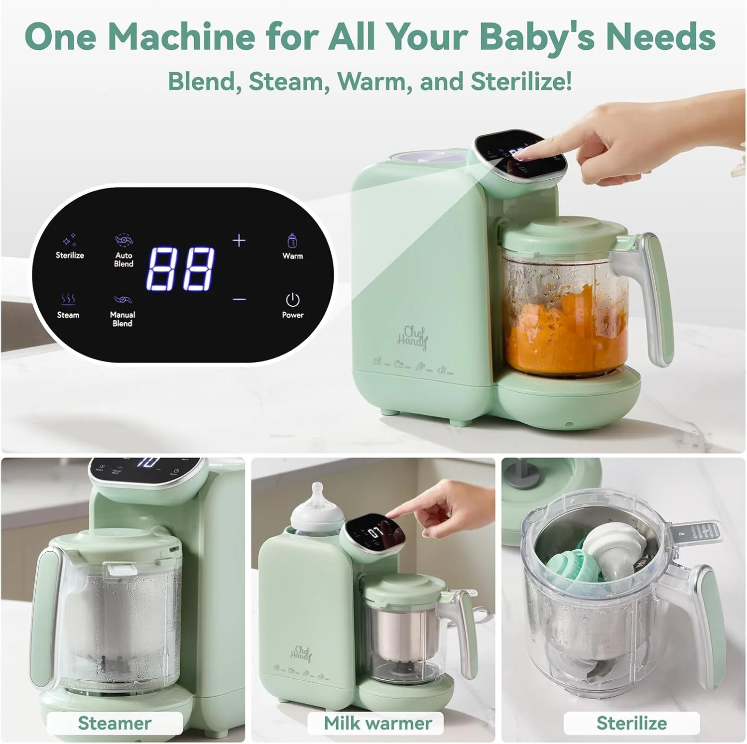 غذاساز کودک chefhandy، پردازنده غذای کودک 5 در 1، بخارپز آسیاب چند منظوره با کنترل هوشمند با دیگ بخار، پخت و آسیاب خودکار، دستگاه گرم کننده و آسیاب غذای کودک، سبز غذاساز کودک chefhandy، پردازنده غذای کودک 5 در 1، بخارپز آسیاب چند منظوره با کنترل هوشمند با دیگ بخار، پخت و آسیاب خودکار، دستگاه گرم کننده و آسیاب غذای کودک، سبز