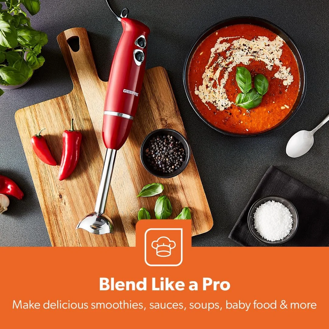 مخلوط کن دستی 400 وات Geepas GHB6136 - تیغه های استیل ضد زنگ با 2 سرعت برای غذای کودک، سوپ، آبمیوه | کاسه خردکن 860 میلی لیتری و همزن برقی تخم مرغ - 2 سال گارانتی