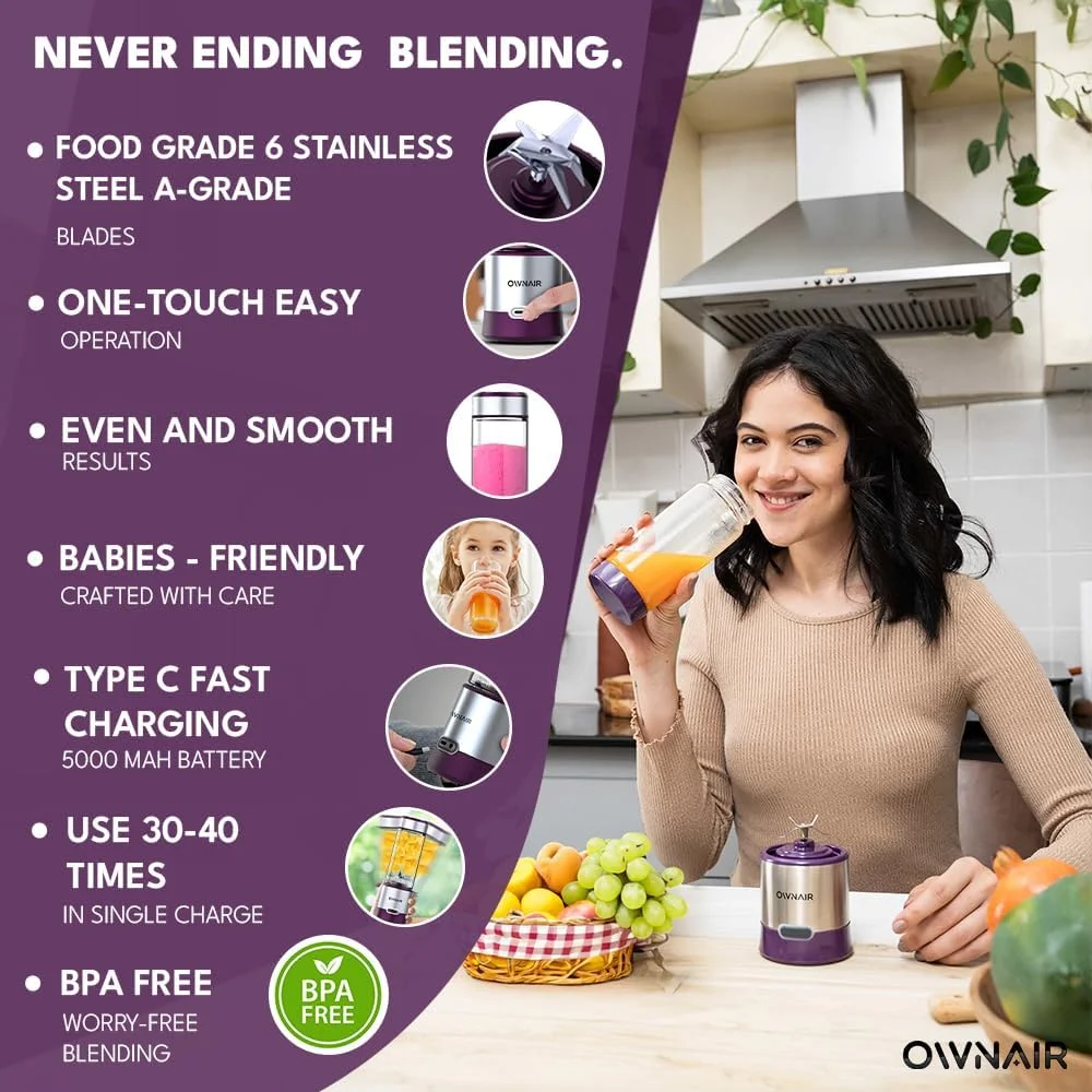 مخلوط کن قابل حمل OWNAIR برای اسموتی و آبمیوه - مخلوط کن آسیاب - قابل شارژ 5000mAh، ظرف استیل 450 میلی لیتری، 240 وات - مخلوط کن آبمیوه گیری، غذاساز کودک و اسموتی ساز مخلوط کن قابل حمل OWNAIR برای اسموتی و آبمیوه - مخلوط کن آسیاب - قابل شارژ 5000mAh، ظرف استیل 450 میلی لیتری، 240 وات - مخلوط کن آبمیوه گیری، غذاساز کودک و اسموتی ساز