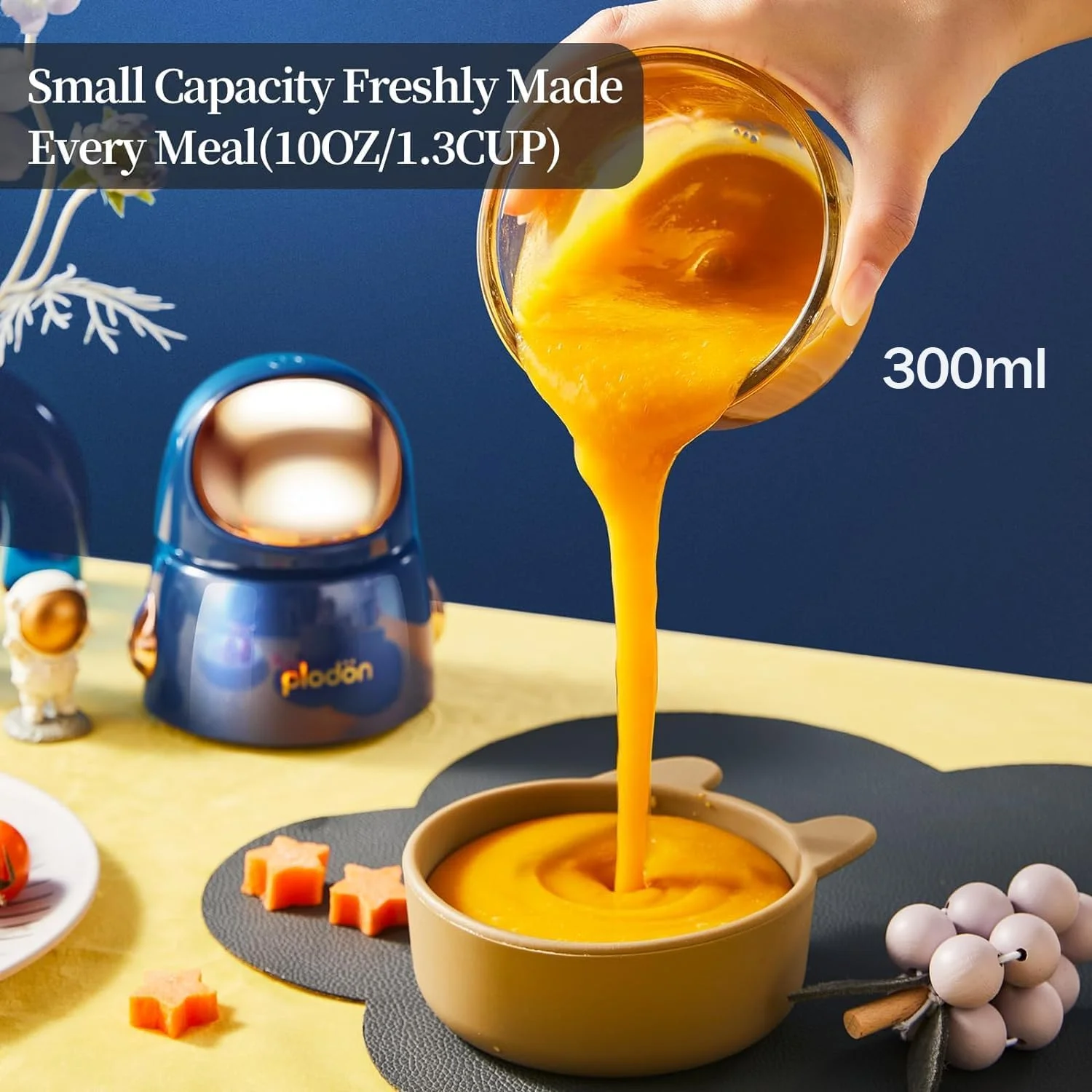 غذاساز کودک پلادون، مینی، زیبا و کوچک، پردازنده غذای پوره، مخلوط کن، آسیاب و خردکن، کاسه شیشه ای 300 میلی لیتری با 8 تیغه برقی (آبی)