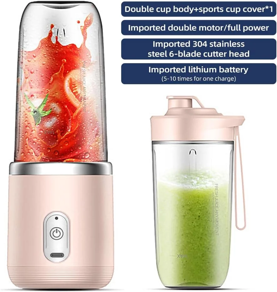 آبمیوه گیری، مخلوط کن کوچک Morelian 40W، مخلوط کن سریع قابل حمل کوچک، فنجان مخلوط کن شخصی، USB قابل شارژ، فنجان دوتایی (صورتی)