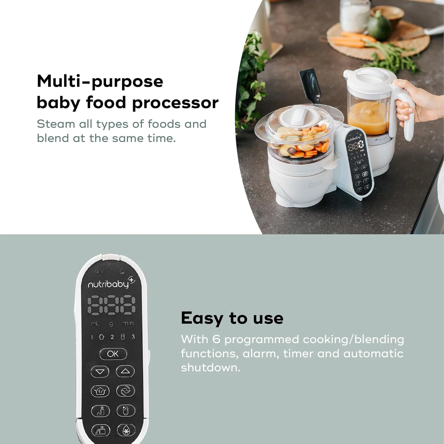 غذاساز کودک 6 در 1 Babymoov Nutribaby Plus، مخلوط کن و بخارپز غذای کودک، غذاساز برای از شیر گرفتن، گرم کننده، یخ زدا، استریل کننده، مورد تایید متخصص تغذیه