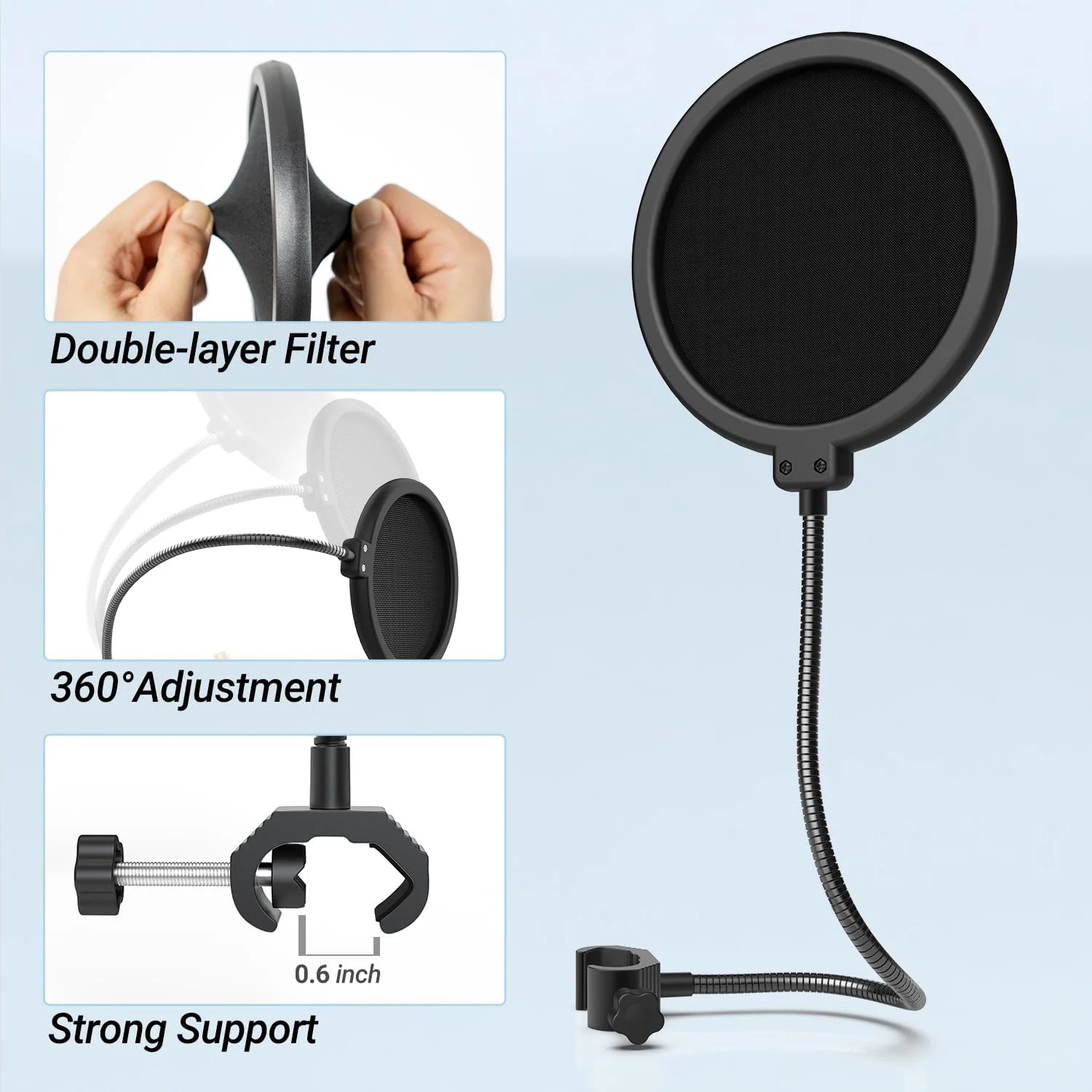 فیلتر پاپ میکروفون FIFINE برای بازوی بوم یا پایه رومیزی، محافظ ماسک راکتی با دو لایه، گیره گردن غازی، مناسب برای استریمینگ، پادکست، صداگذاری، آواز خواندن برای استودیوی ضبط خانگی