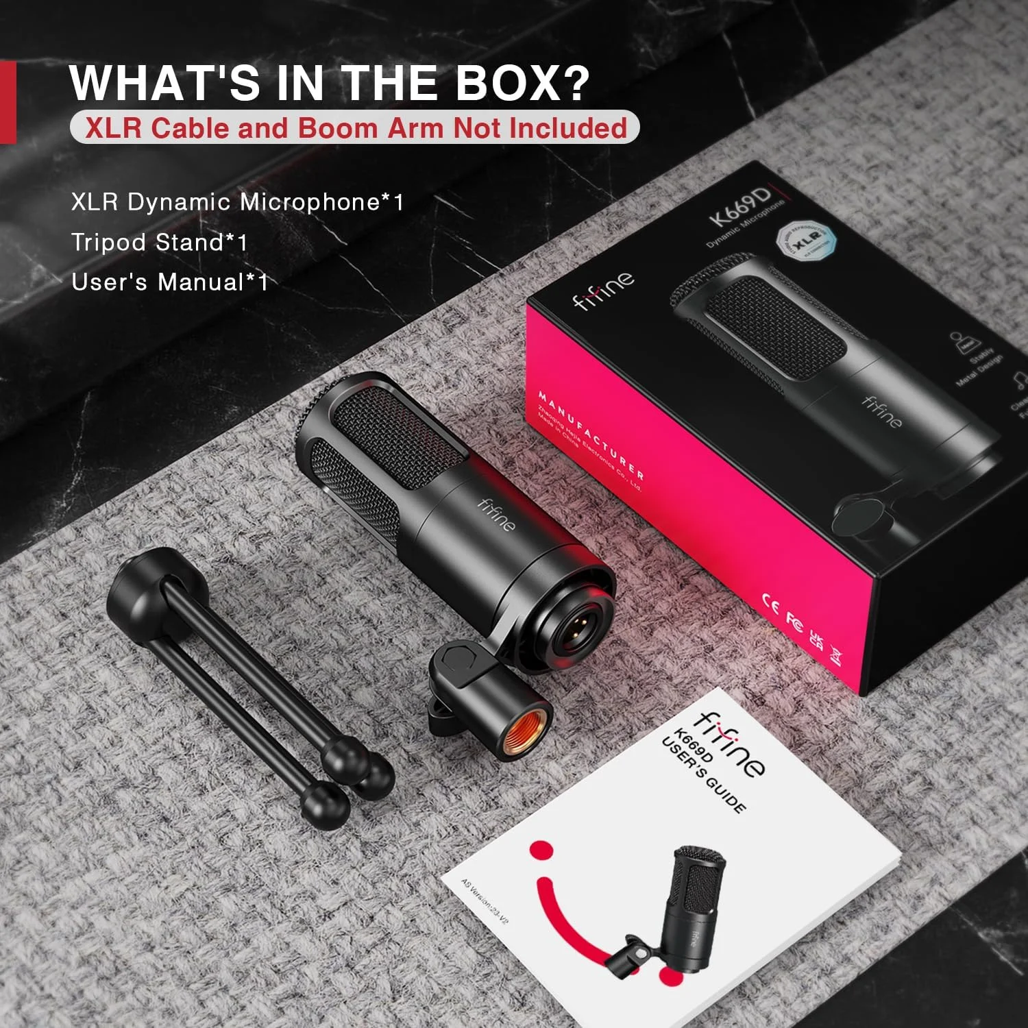 میکروفون دینامیک XLR FIFINE، میکروفون پادکست وکال با الگوی کاردیوئید، میکروفون فلزی استودیویی برای استریمینگ، دوبله و ضبط ویدیو، مشکی-K669D