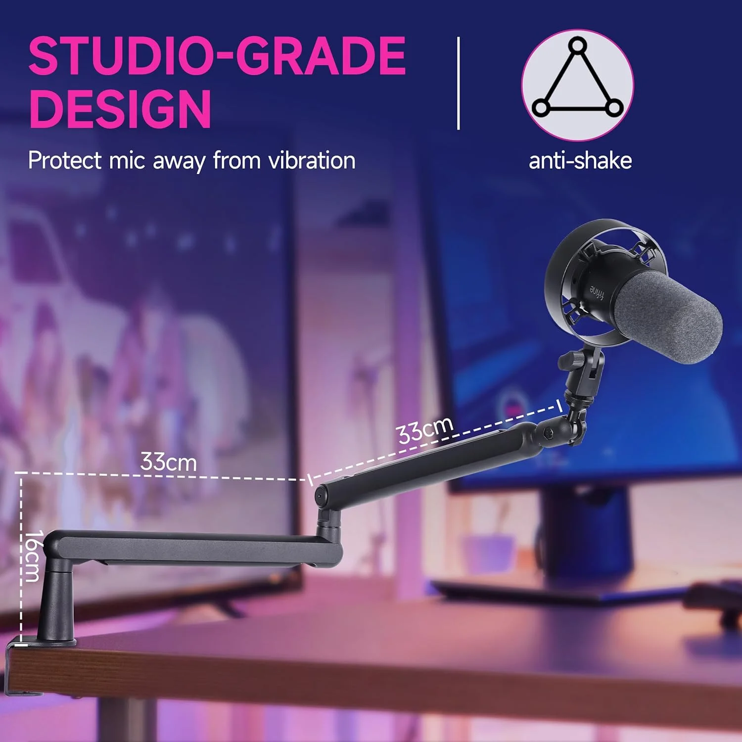 بازوی میکروفون FIFINE، میله‌های تخت قابل تنظیم، پایه میکروفون با گیره میکروفون، آداپتور پیچی، مدیریت کابل، برای پادکست، استریمینگ، بازی، استودیو