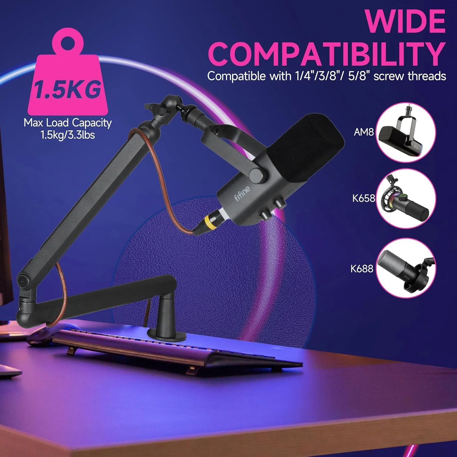 بازوی میکروفون FIFINE، میله‌های تخت قابل تنظیم، پایه میکروفون با گیره میکروفون، آداپتور پیچی، مدیریت کابل، برای پادکست، استریمینگ، بازی، استودیو