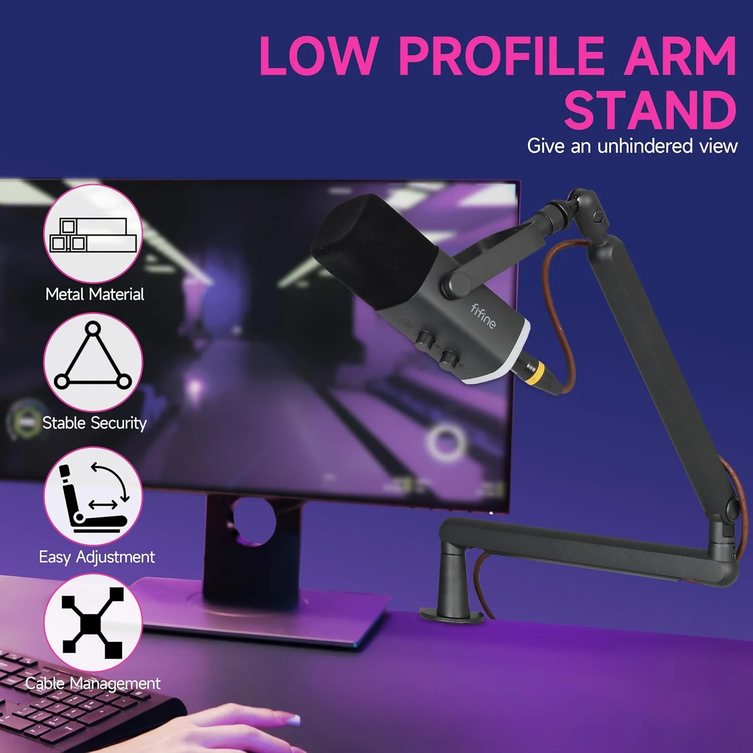 بازوی میکروفون FIFINE، میله‌های تخت قابل تنظیم، پایه میکروفون با گیره میکروفون، آداپتور پیچی، مدیریت کابل، برای پادکست، استریمینگ، بازی، استودیو