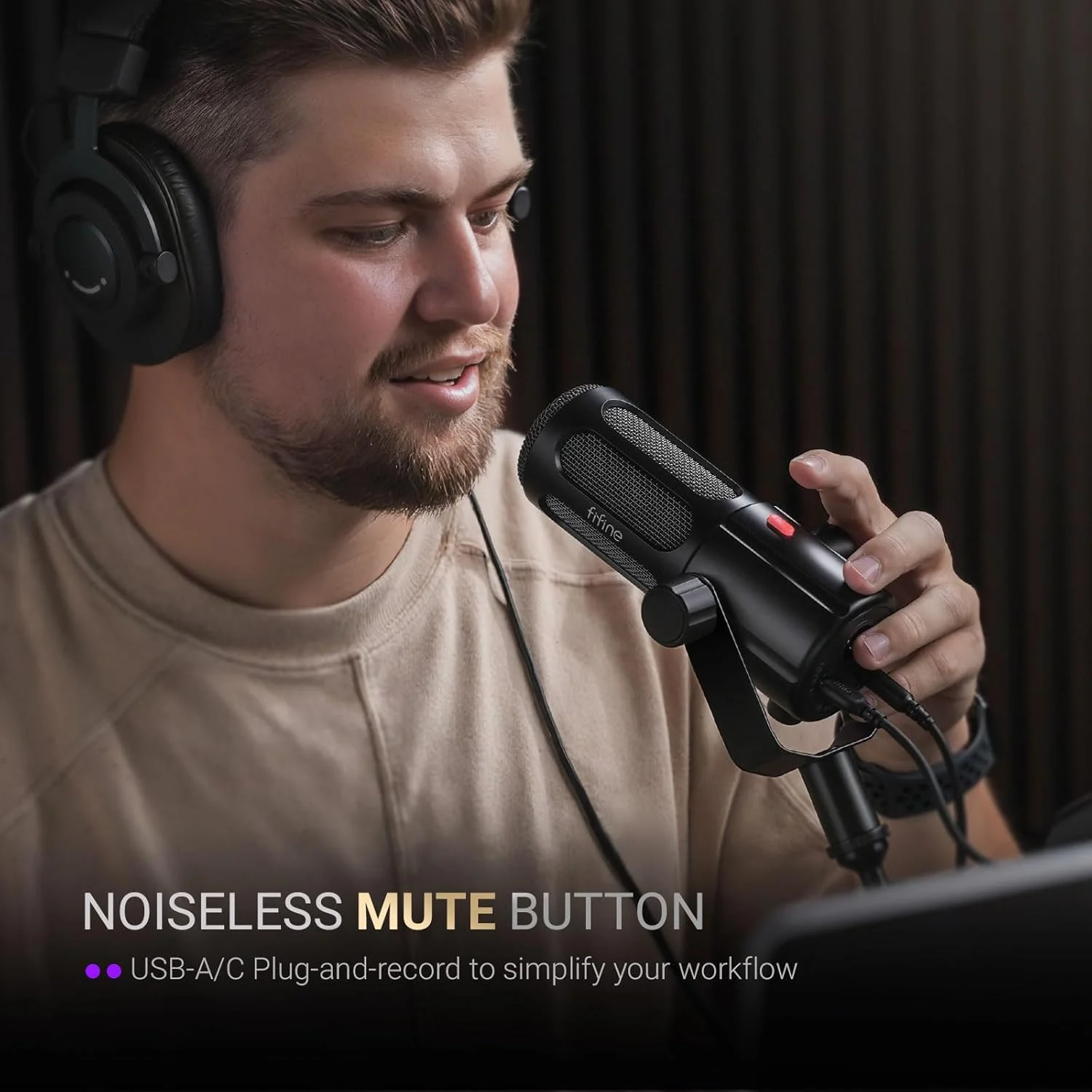 میکروفون پادکست FIFINE، میکروفون دینامیک USB/XLR برای ضبط صدا، پخش زنده، استریمینگ، میکروفون استودیویی PC با قابلیت تنظیم پاسخ فرکانسی، بی‌صدا کردن با لمس، مانیتورینگ هدفون - AmpliTank TANK6
