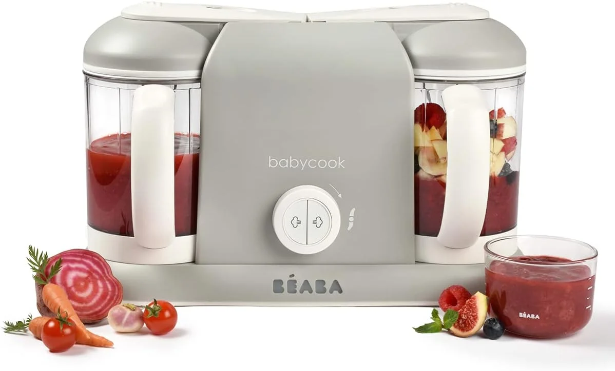 بِ آبا BEABA - Babycook Duo - دستگاه غذاساز کودک 4 در 1: پردازنده غذا، مخلوط کن و پزنده - پخت و پز بخارپز نرم - غذای کودک خانگی در 15 دقیقه - XXL: ظرفیت 2 x 1100 میلی لیتر - خاکستری