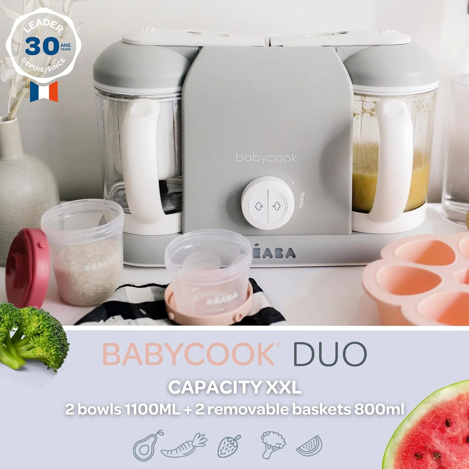 بِ آبا BEABA - Babycook Duo - دستگاه غذاساز کودک 4 در 1: پردازنده غذا، مخلوط کن و پزنده - پخت و پز بخارپز نرم - غذای کودک خانگی در 15 دقیقه - XXL: ظرفیت 2 x 1100 میلی لیتر - خاکستری بِ آبا BEABA - Babycook Duo - دستگاه غذاساز کودک 4 در 1: پردازنده غذا، مخلوط کن و پزنده - پخت و پز بخارپز نرم - غذای کودک خانگی در 15 دقیقه - XXL: ظرفیت 2 x 1100 میلی لیتر - خاکستری