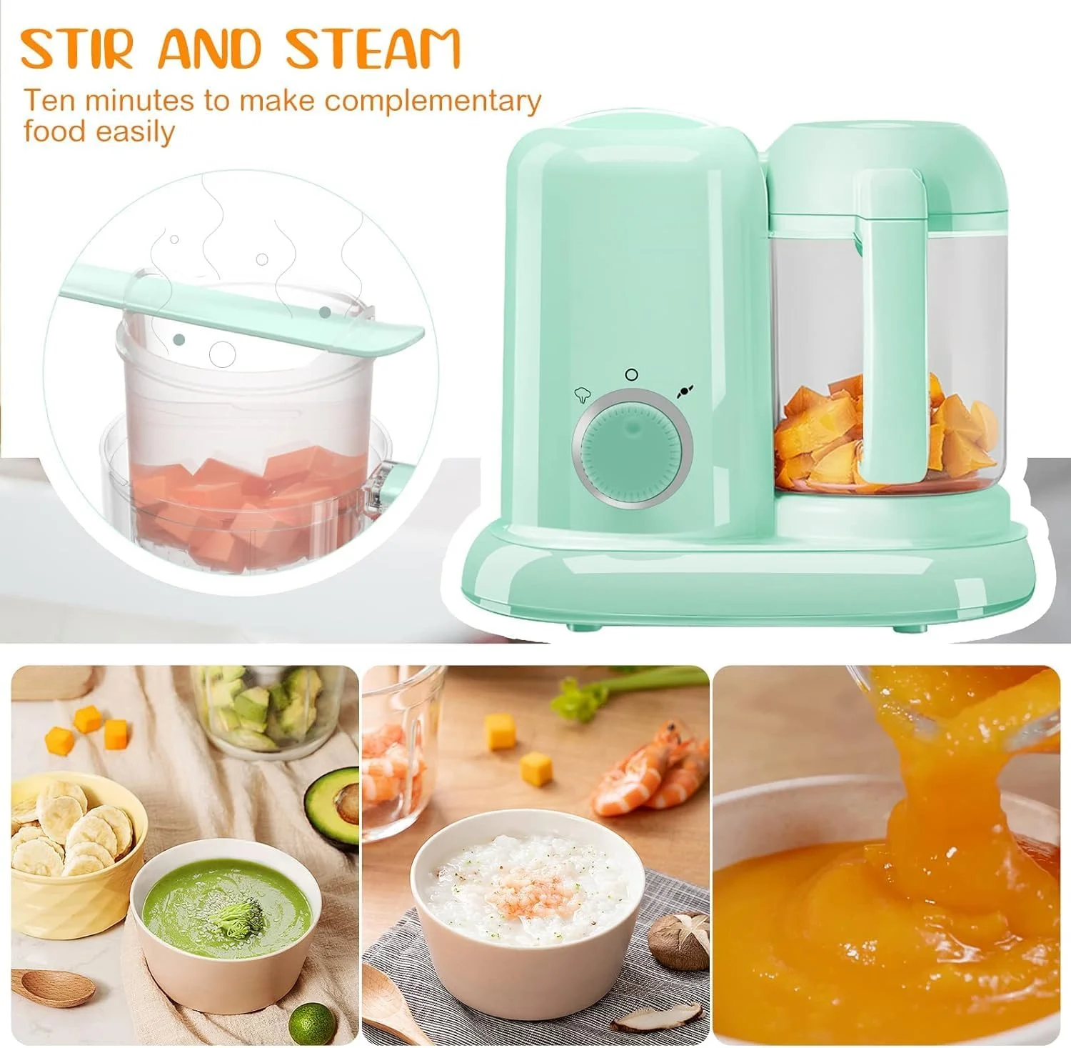 دستگاه بخارپز و مخلوط کن غذای کودک - 4 در 1 چند منظوره، یخ زدایی، گرم کردن، بخارپز نرم، بخارپز سریع (سبز)