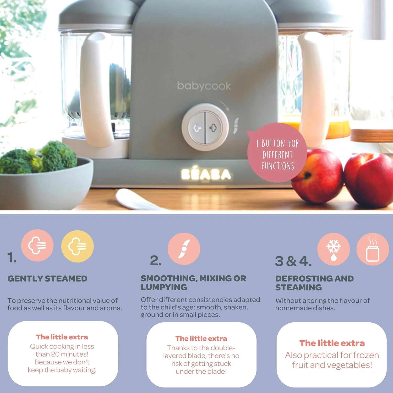 بِ آبا BEABA - Babycook Duo - دستگاه غذاساز کودک 4 در 1: پردازنده غذا، مخلوط کن و پزنده - پخت و پز بخارپز نرم - غذای کودک خانگی در 15 دقیقه - XXL: ظرفیت 2 x 1100 میلی لیتر - خاکستری بِ آبا BEABA - Babycook Duo - دستگاه غذاساز کودک 4 در 1: پردازنده غذا، مخلوط کن و پزنده - پخت و پز بخارپز نرم - غذای کودک خانگی در 15 دقیقه - XXL: ظرفیت 2 x 1100 میلی لیتر - خاکستری