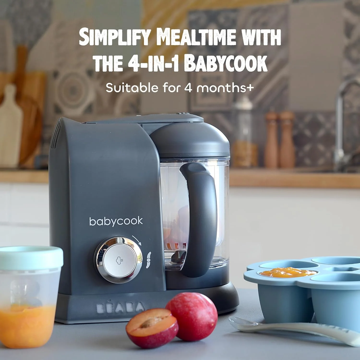 بیبا BEABA - Babycook Solo - دستگاه غذاساز کودک - 4 در 1: پردازنده غذای کودک، مخلوط کن و پزنده - پخت بخارپز نرم - سریع - تنوع غذایی برای کودک شما - خاکستری تیره