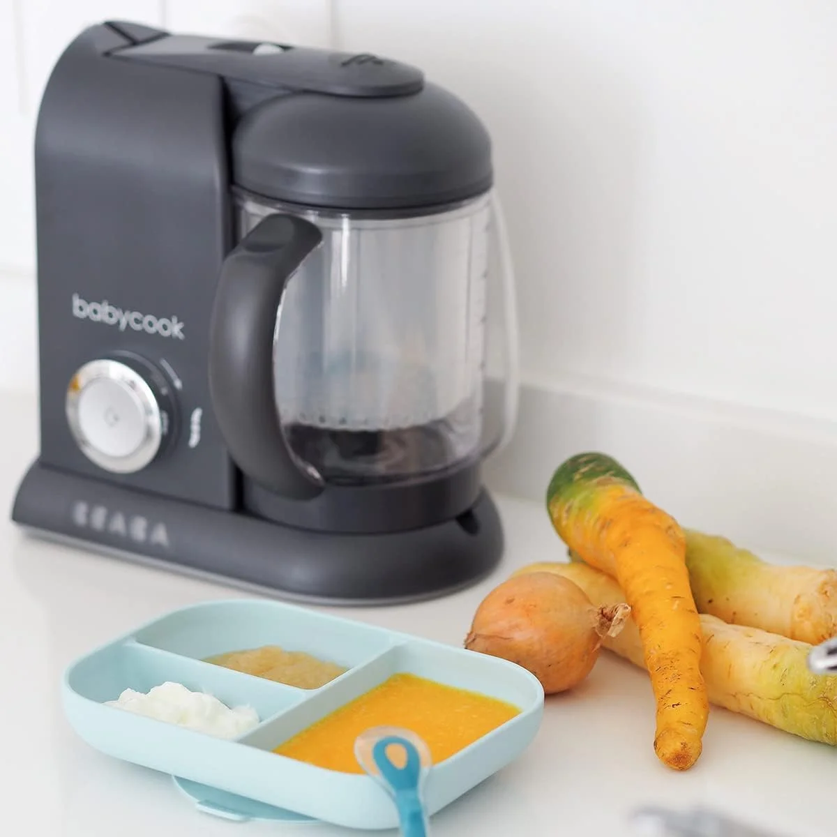 بیبا BEABA - Babycook Solo - دستگاه غذاساز کودک - 4 در 1: پردازنده غذای کودک، مخلوط کن و پزنده - پخت بخارپز نرم - سریع - تنوع غذایی برای کودک شما - خاکستری تیره