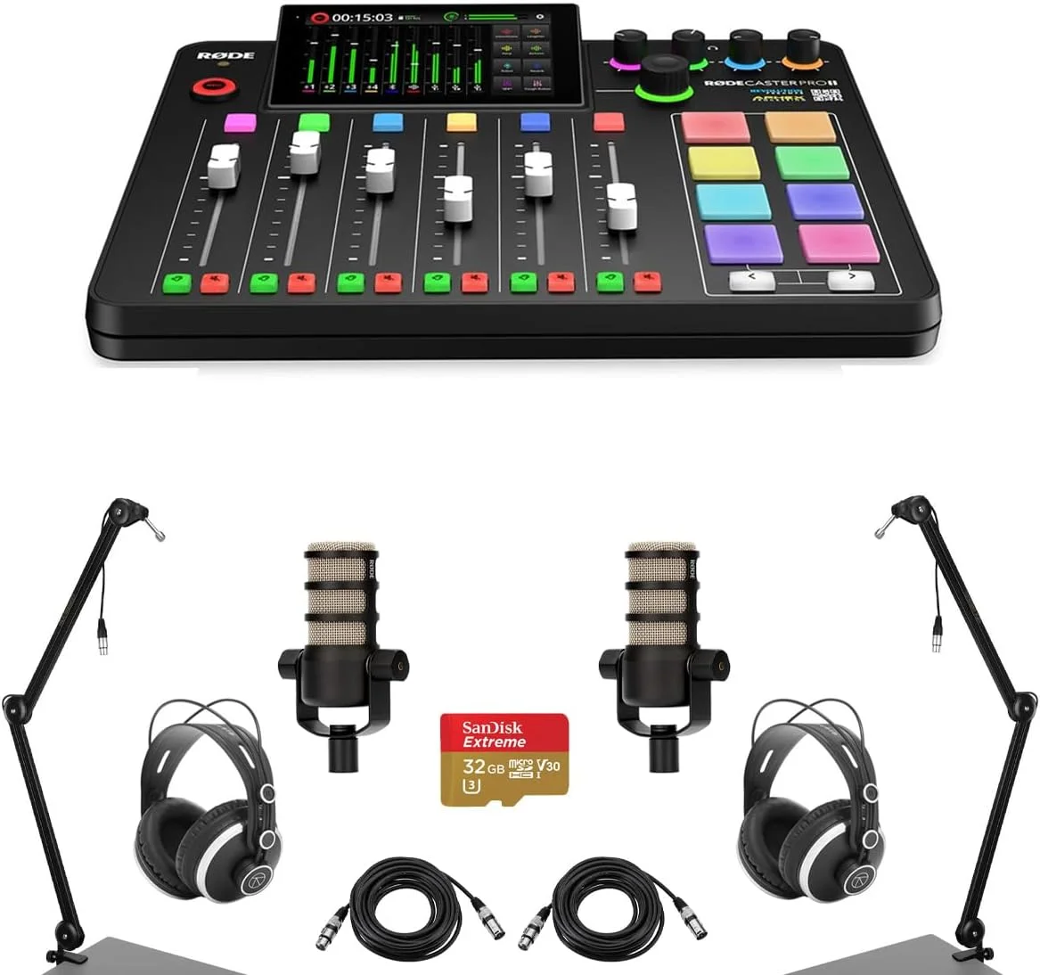 بسته استودیویی تولید صوتی یکپارچه Rode RODECaster Pro II به همراه 2 عدد میکروفون PodMic، 2 عدد هدفون TAPH500، 2 عدد بازوی پخش، 2 عدد کابل XLR نر به ماده، کارت microSD 32 گیگابایتی