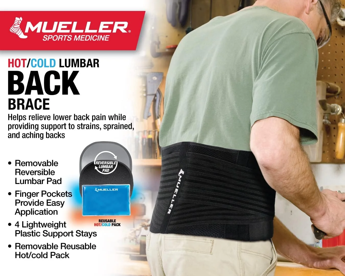 کمربند طبی کمر مولر اسپورتس مدیسین 4 در 1 با کمپرس گرم/سرد قابل جابجایی، برای مردان و زنان، مشکی، سایز آزاد