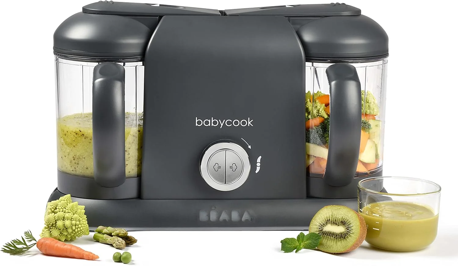 غذاساز کودک 4 در 1 ب آ ب آ مدل Babycook Duo، بخارپز سریع 15 دقیقه ای، مناسب برای تنوع غذایی، ظرف های کوچک خانگی کودک، ظرفیت XXL 2200 میلی لیتر، خاکستری تیره
