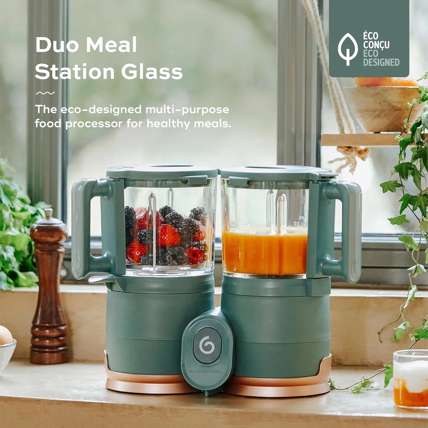 غذاساز کودک شیشه ای Babymoov Duo Meal - پردازشگر غذای کودک با بخارپز شیشه ای داخلی، سبد استیل ضد زنگ و مخلوط کن شیشه ای (ظرفیت بیش از 6 پیمانه)، سبز تیره غذاساز کودک شیشه ای Babymoov Duo Meal - پردازشگر غذای کودک با بخارپز شیشه ای داخلی، سبد استیل ضد زنگ و مخلوط کن شیشه ای (ظرفیت بیش از 6 پیمانه)، سبز تیره