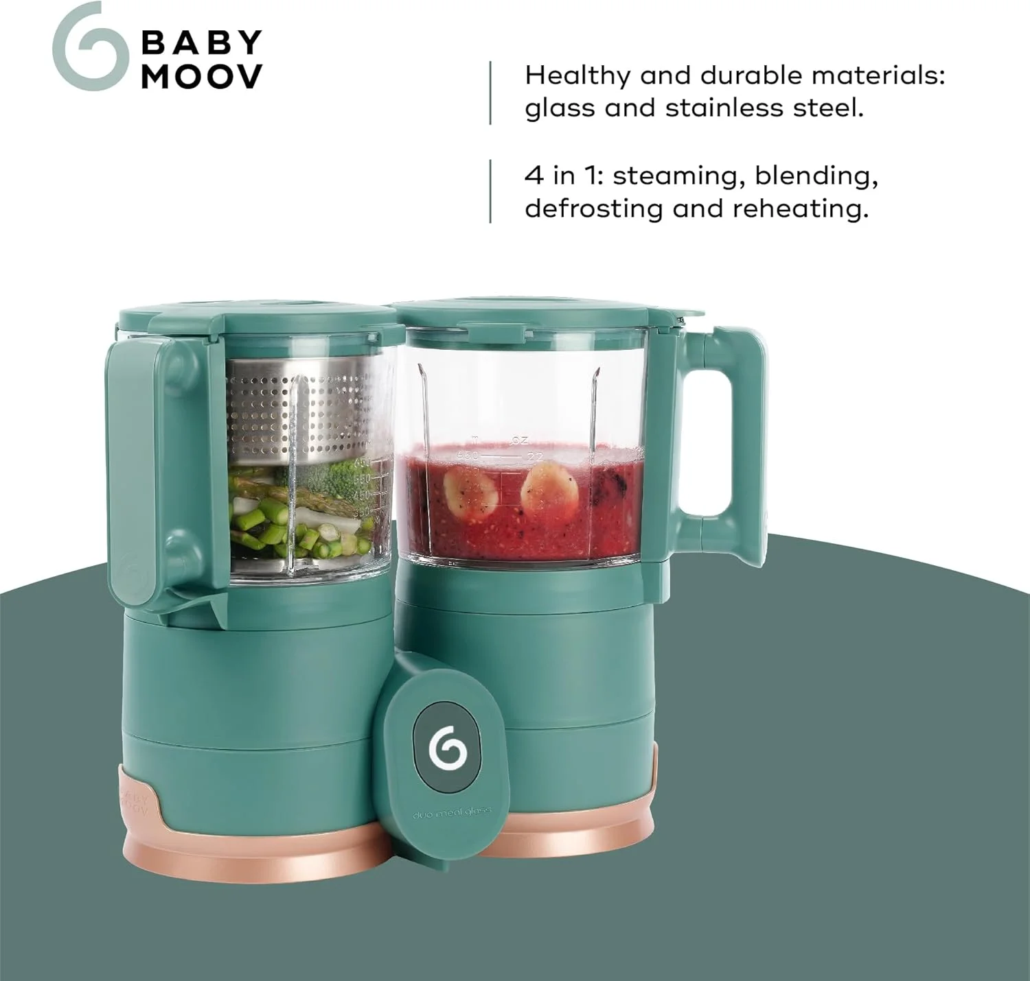 غذاساز کودک شیشه ای Babymoov Duo Meal - پردازشگر غذای کودک با بخارپز شیشه ای داخلی، سبد استیل ضد زنگ و مخلوط کن شیشه ای (ظرفیت بیش از 6 پیمانه)، سبز تیره غذاساز کودک شیشه ای Babymoov Duo Meal - پردازشگر غذای کودک با بخارپز شیشه ای داخلی، سبد استیل ضد زنگ و مخلوط کن شیشه ای (ظرفیت بیش از 6 پیمانه)، سبز تیره