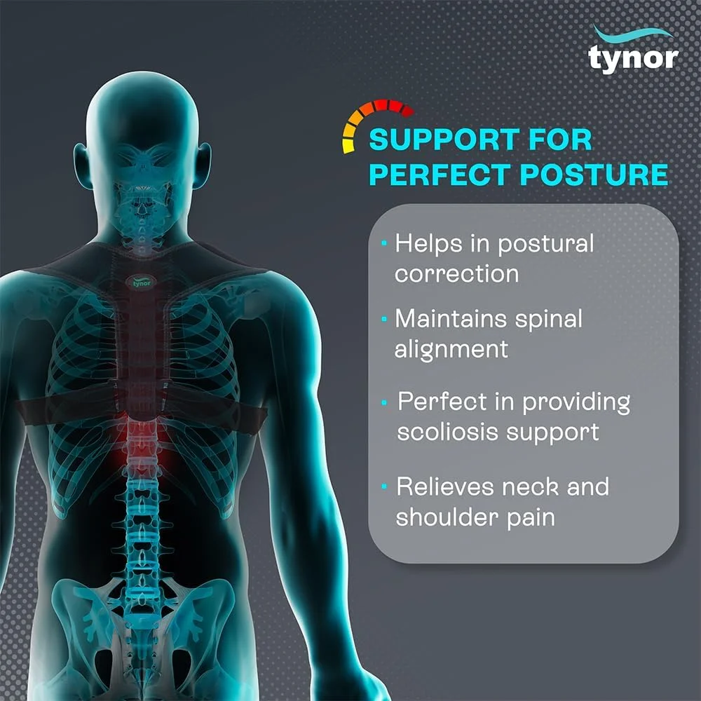 قوزبند اصلاح کننده وضعیت بدن TYNOR برای آقایان و بانوان، بندهای باریک قابل تنظیم، پشتیبانی از قسمت فوقانی ستون فقرات، کمر، گردن، ترقوه، استفاده آسان - مشکی، یونیورسال، 1 عدد