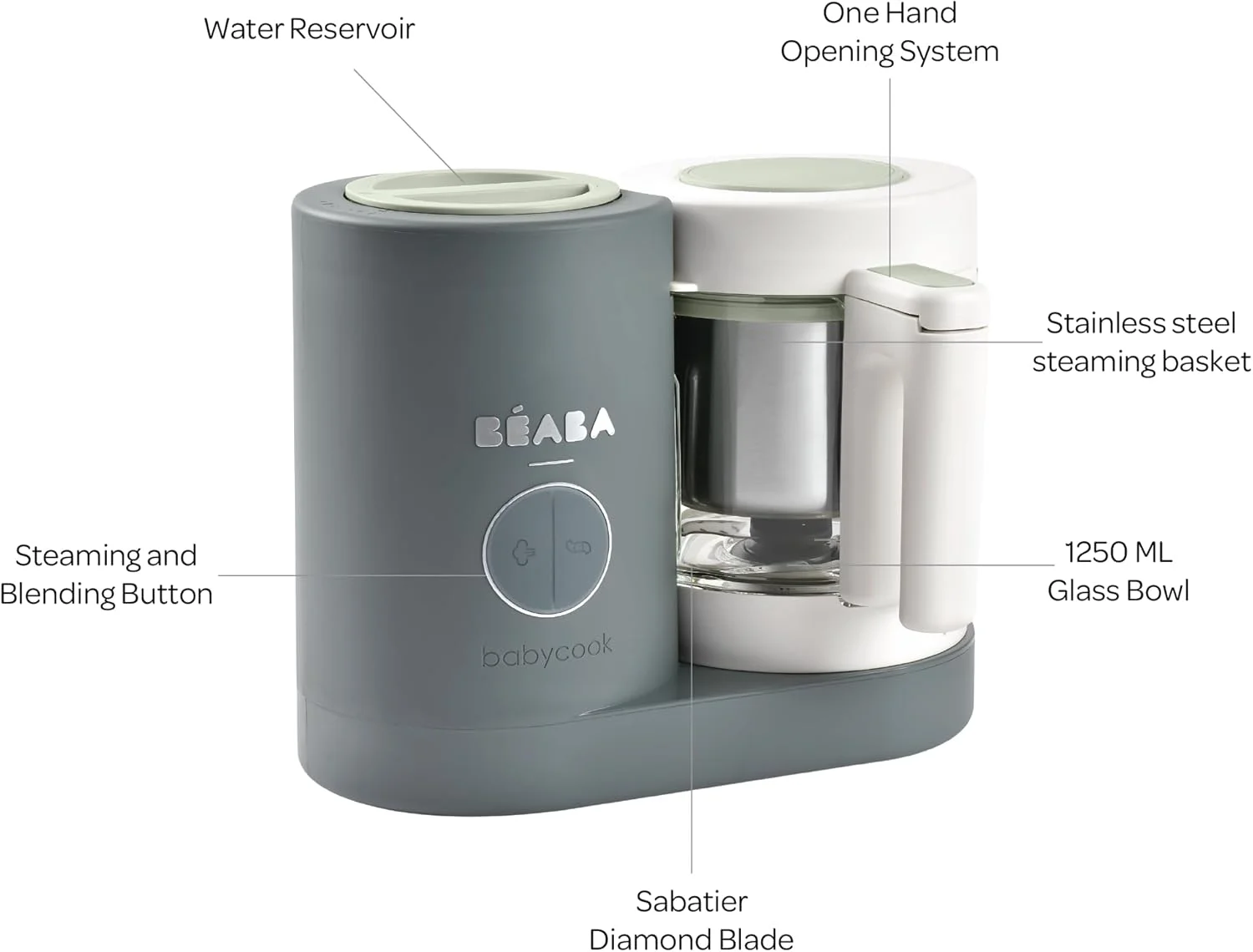 بیبا - Babycook Neo - دستگاه غذاساز کودک - 4 در 1: پردازشگر غذا، مخلوط کن و پزنده - پخت و پز بخارپز ملایم - غذای خانگی سریع کودک - کاسه شیشه ای - وان استیل ضد زنگ - خاکستری معدنی