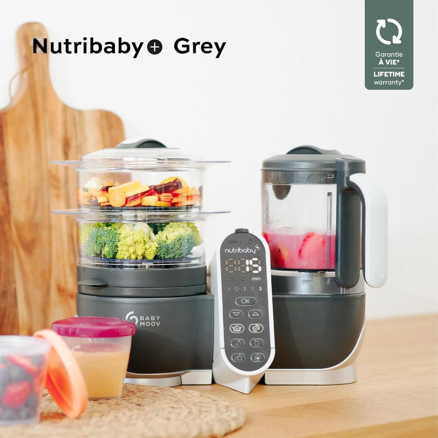 غذاساز کودک 6 در 1 Babymoov Nutribaby Plus، مخلوط کن و بخارپز غذای کودک، غذاساز برای از شیر گرفتن، گرم کننده، یخ زدا، استریل کننده، مورد تایید متخصص تغذیه، 500 وات، خاکستری