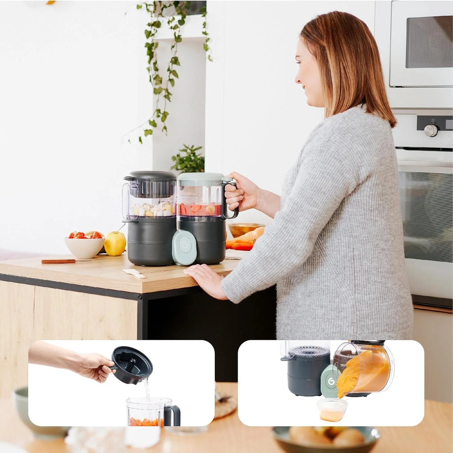 غذاساز کودک 4 در 1 Babymoov Nutribaby One، بخارپز، مخلوط کن، مناسب برای شروع غذای کمکی، قابلمه های کوچک، بخارپز سریع و ملایم، خاکستری