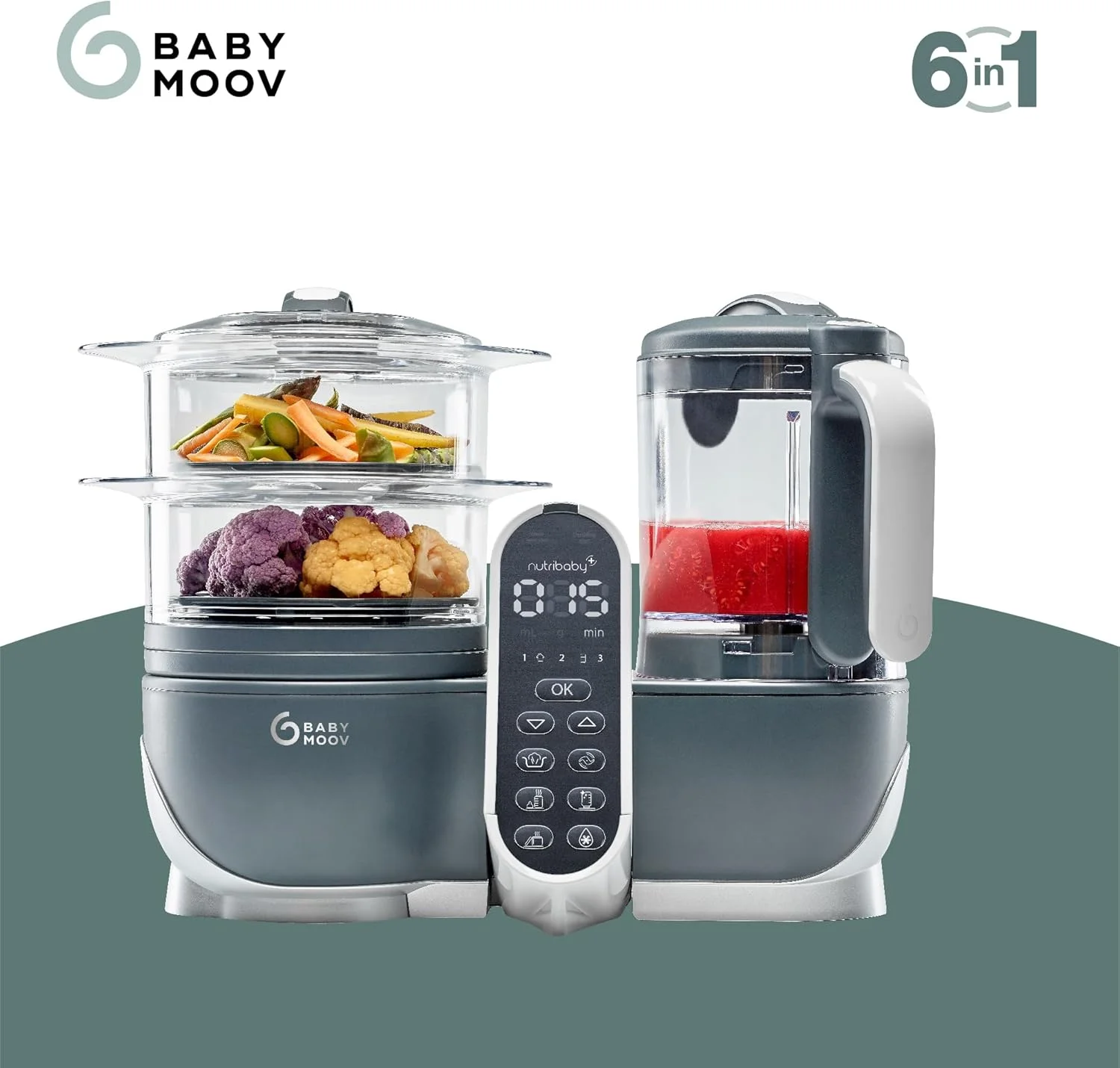 غذاساز کودک 6 در 1 Babymoov Nutribaby Plus، مخلوط کن و بخارپز غذای کودک، غذاساز برای از شیر گرفتن، گرم کننده، یخ زدا، استریل کننده، مورد تایید متخصص تغذیه، 500 وات، خاکستری