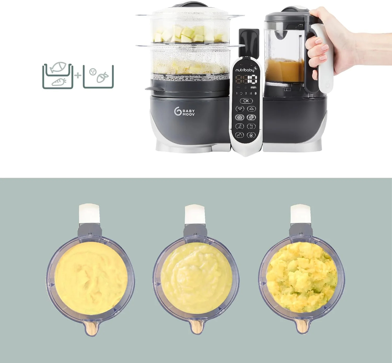 غذاساز کودک 6 در 1 Babymoov Nutribaby Plus، مخلوط کن و بخارپز غذای کودک، غذاساز برای از شیر گرفتن، گرم کننده، یخ زدا، استریل کننده، مورد تایید متخصص تغذیه، 500 وات، خاکستری