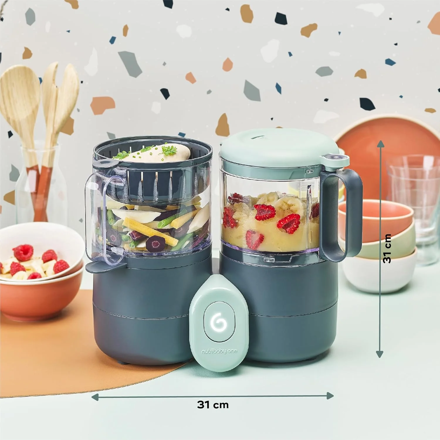 غذاساز کودک 4 در 1 Babymoov Nutribaby One، بخارپز، مخلوط کن، مناسب برای شروع غذای کمکی، قابلمه های کوچک، بخارپز سریع و ملایم، خاکستری