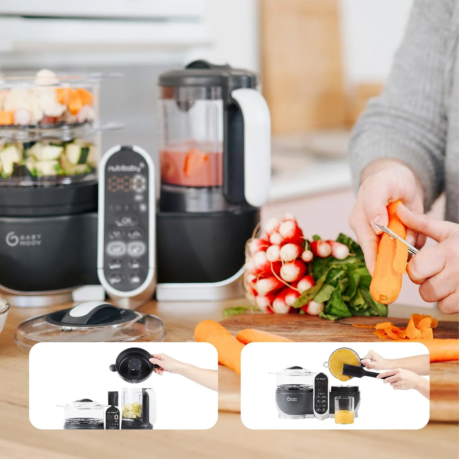 غذاساز کودک 6 در 1 Babymoov Nutribaby Plus، مخلوط کن و بخارپز غذای کودک، غذاساز برای از شیر گرفتن، گرم کننده، یخ زدا، استریل کننده، مورد تایید متخصص تغذیه، 500 وات، خاکستری