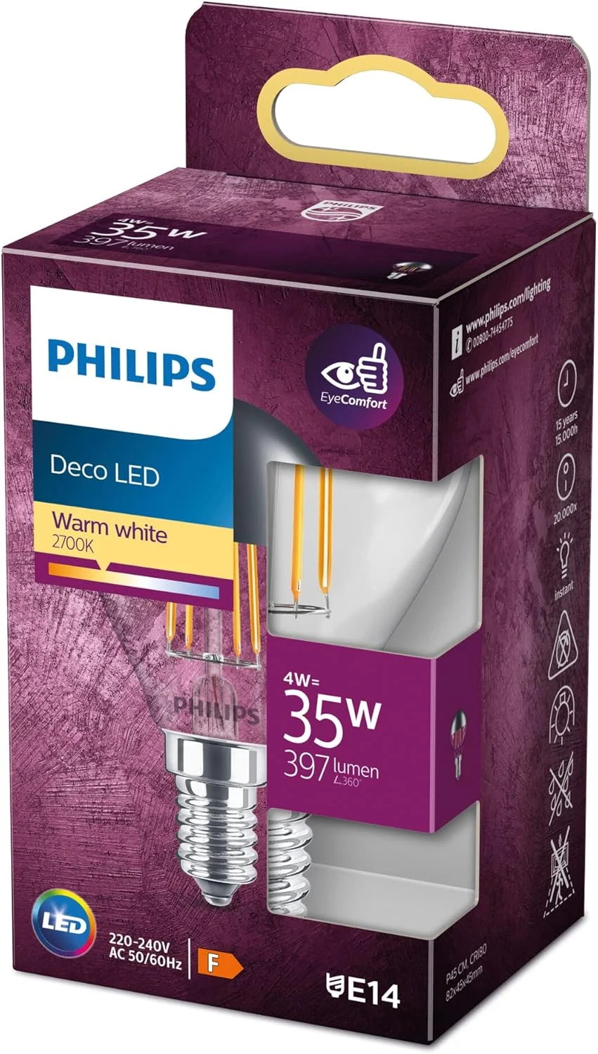 لامپ ال ای دی کلاسیک فیلیپس مدل Mirror Crown، پایه E14 (پیچ کوچک ادیسونی)، 4 وات (معادل 35 وات)، نور سفید گرم (2700 کلوین)، غیر قابل تنظیم نور