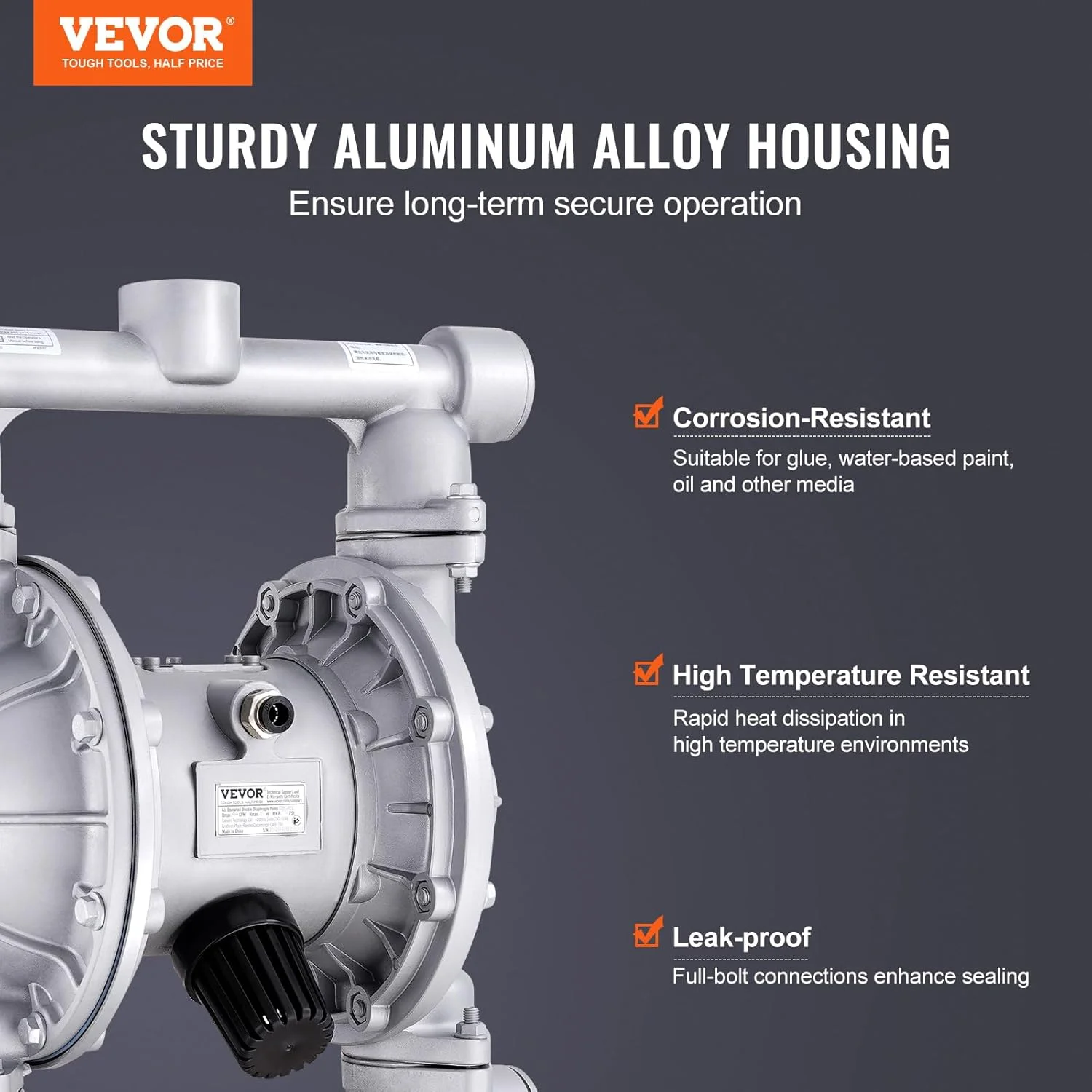 پمپ دیافراگمی دوگانه بادی VEVOR، 44GPM، حداکثر 115PSI پمپ انتقال پنوماتیک روغن ضایعات هوا با 2 دیافراگم اضافی، پمپ دیافراگمی آلیاژ آلومینیوم ورودی و خروجی 1-1/2 اینچی برای روغن گریس دیزل